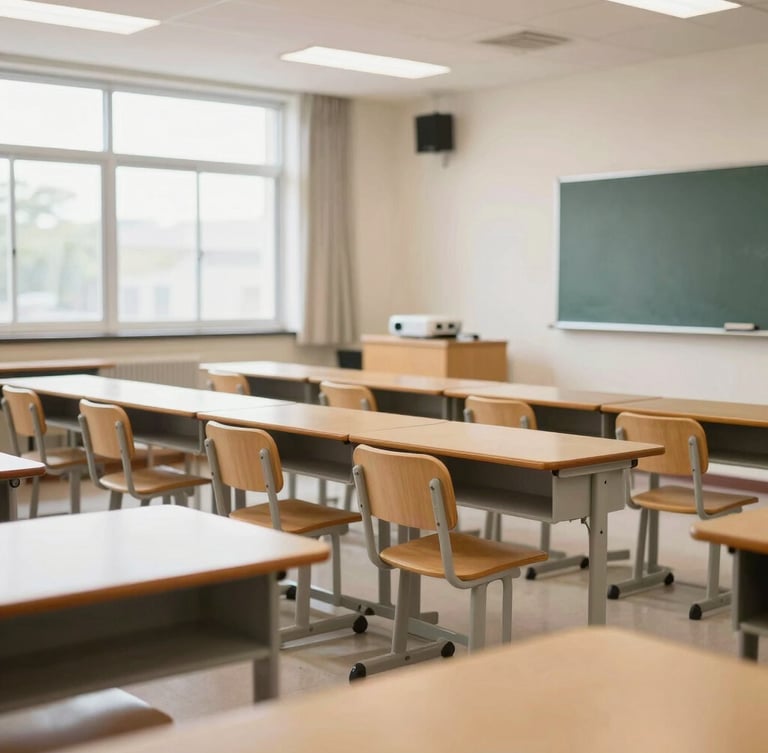 Wide environmental shot of a modern clean classroom with comfortable seating, bright daylight, projector visible, professional setup