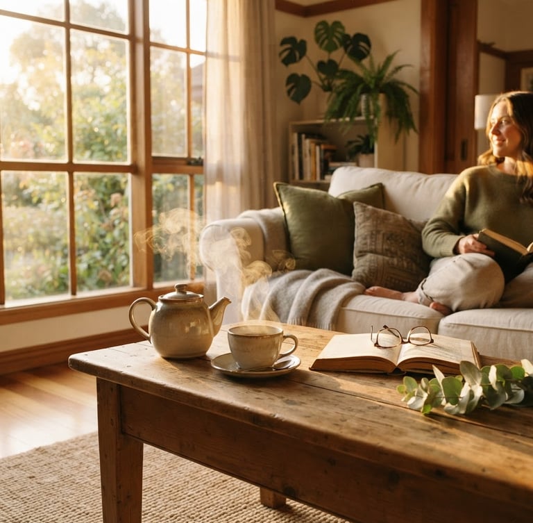 Warm, sun-drenched residential living room with steaming tea on a wooden table, soft linen textiles, golden-hour window light, 35mm film style
