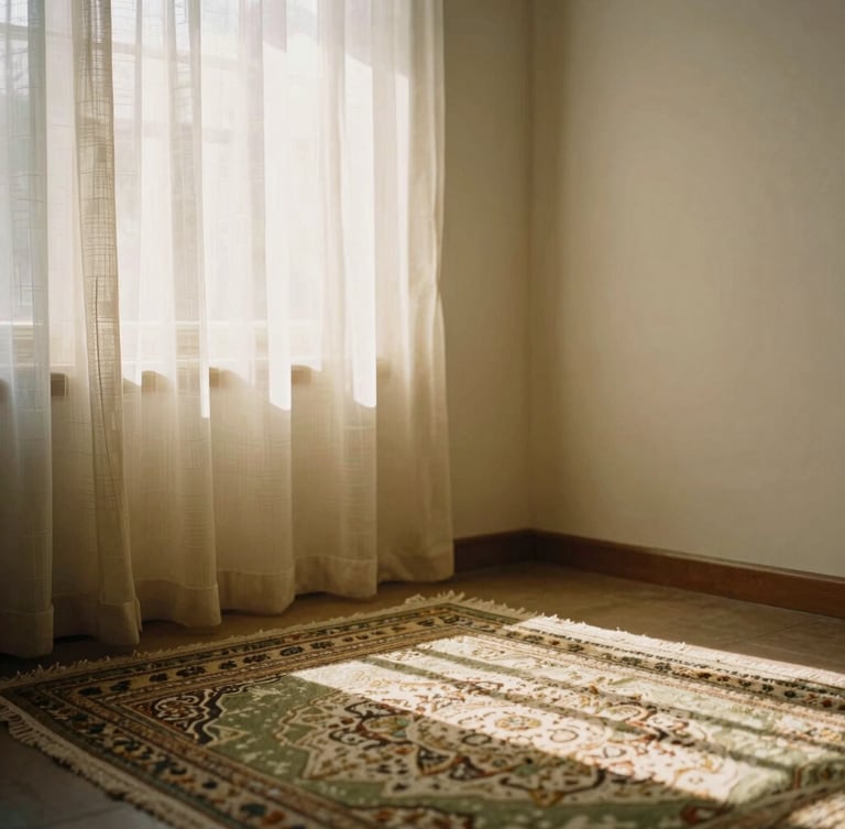 A quiet, sunlit corner of a residential room with soft woven textiles, a prayer rug, and warm light streaming through a sheer curtain.