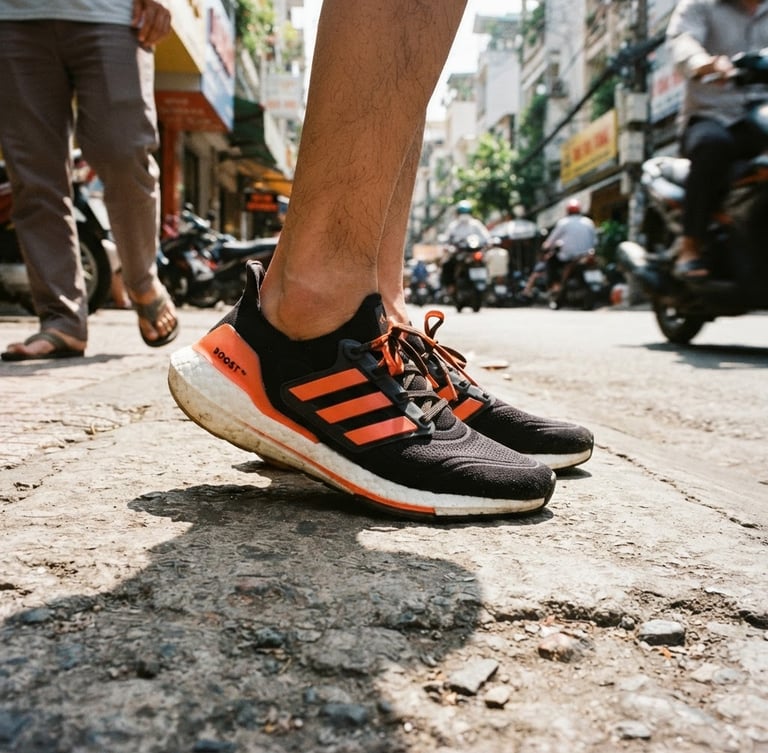 Low-angle dynamic shot of Adidas sneakers on concrete pavement in Saigon, bright daylight, sharp shadows, athletic vibe, 35mm lens