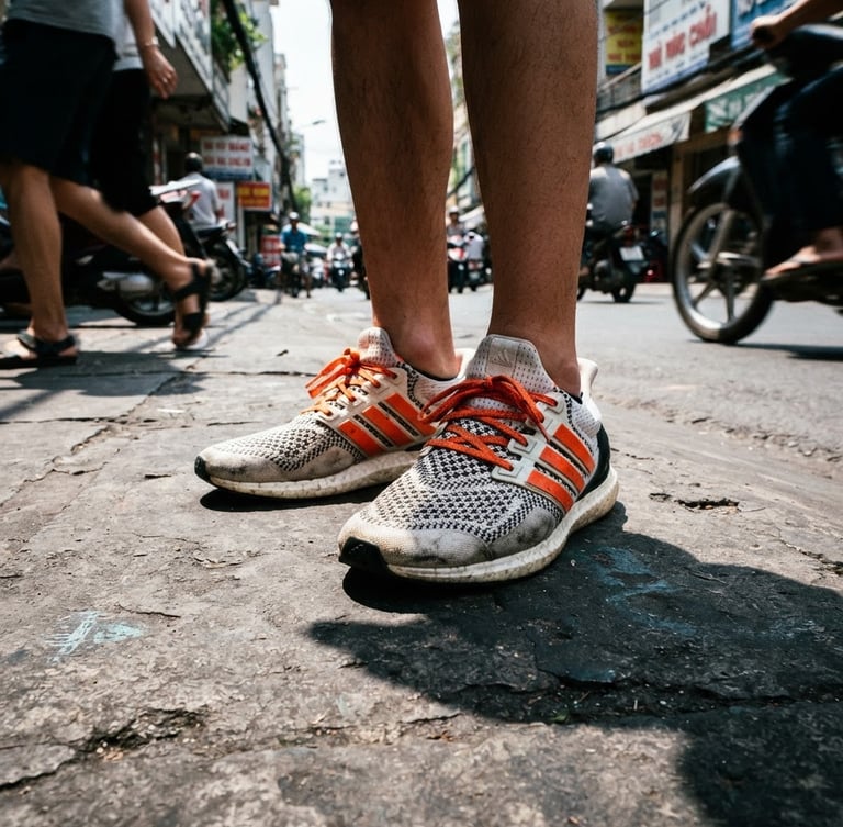 Low-angle high-contrast street photography of Adidas sneakers on concrete pavement in Saigon, bright natural daylight, bold athletic shadows, orange accents, 35mm lens