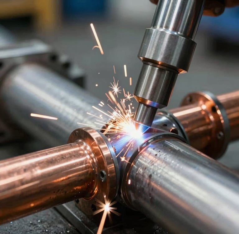 Close-up shot of precise copper welding on industrial piping, bright sparks, cool steel background, crisp technical lighting, sharp industrial photography, 35mm