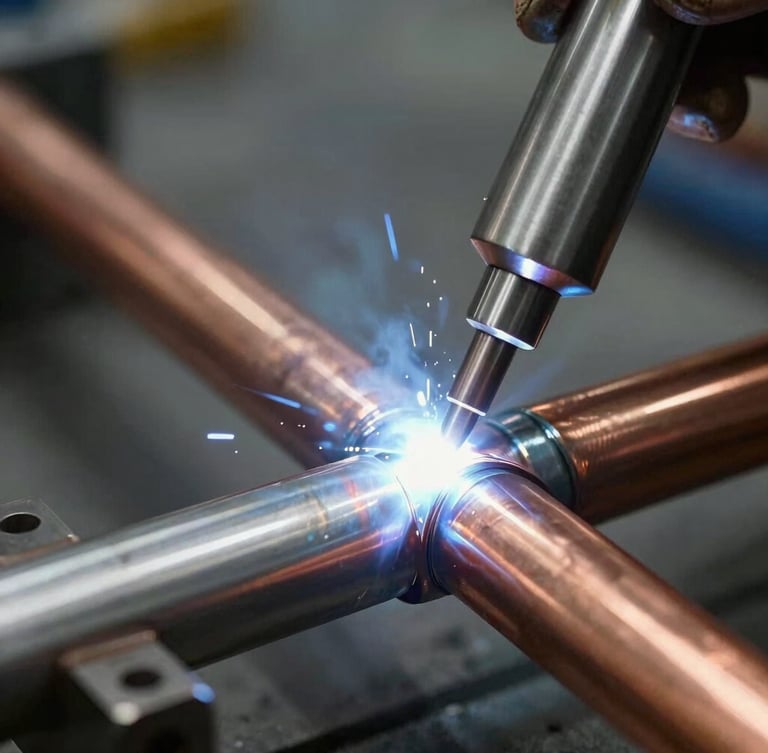 Close-up of industrial copper pipe welding with sharp technical lighting, cool steel tones, professional engineering precision, 35mm