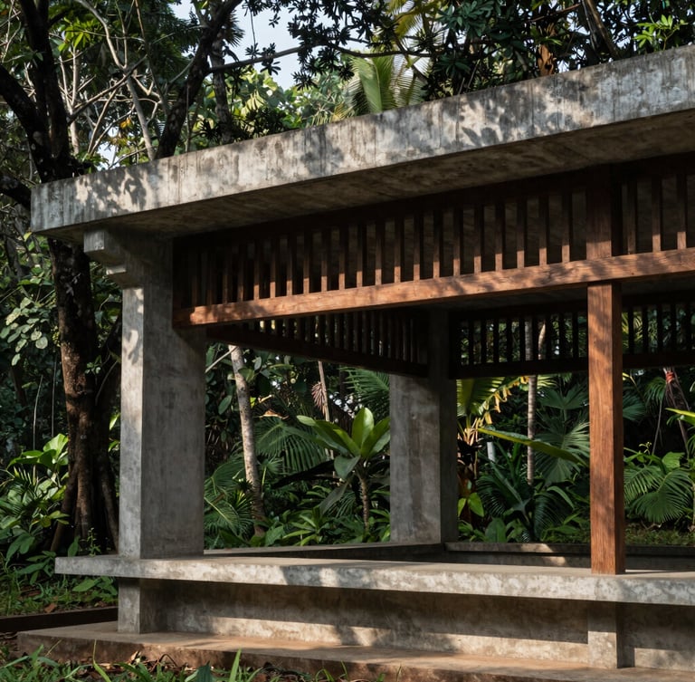 A striking architectural detail of a concrete and teakwood pavilion in a Kerala spice grove, high-contrast natural light, deep shadows