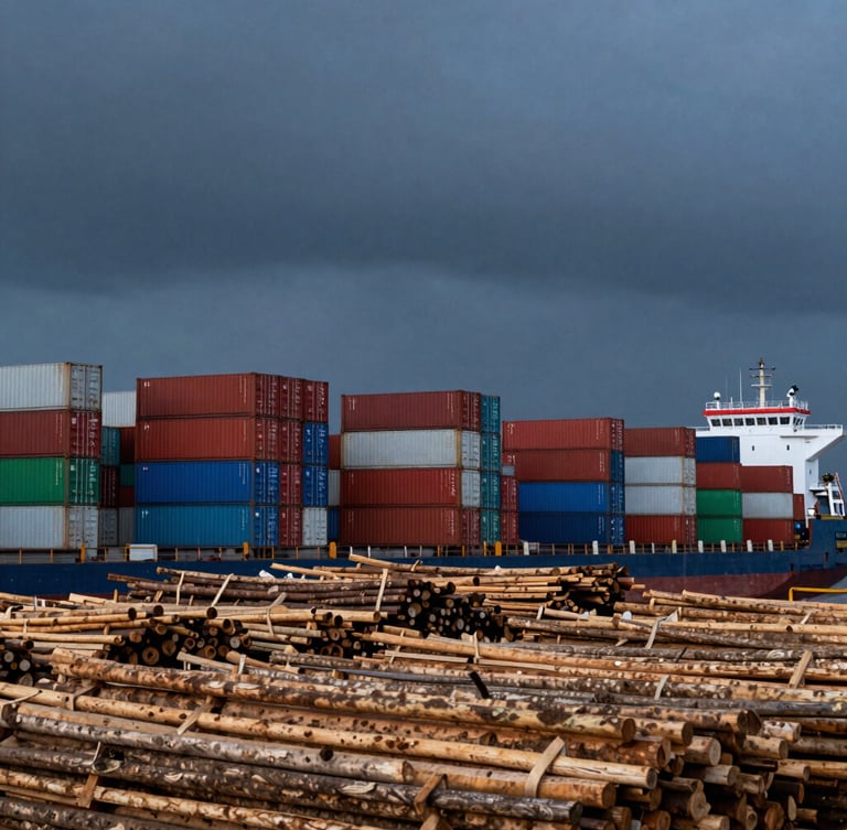 A wide panoramic shot of Cochin port at twilight, shipping containers stacked neatly against a deep monsoon sky, raw timber cargo in the foreground, high-contrast natural light.