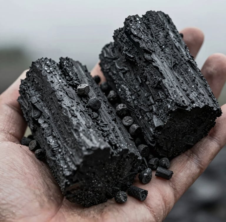 Close-up of raw charcoal textures and dark biomass pellets held in a hand, overcast monsoon lighting, high contrast shadows.