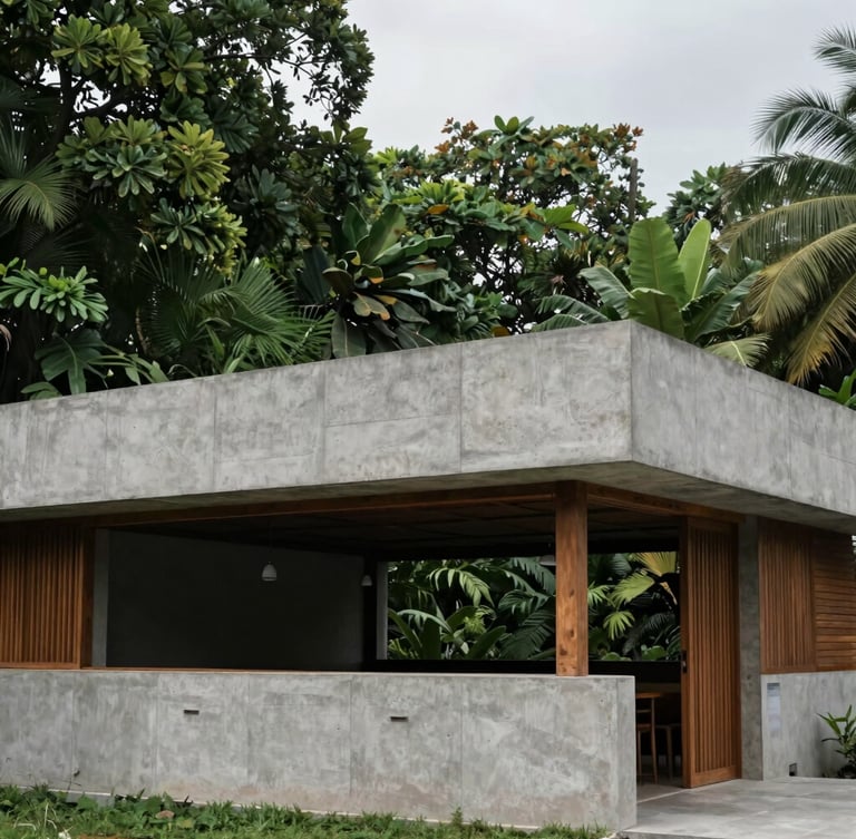 Architectural detail of a modern concrete and timber restaurant pavilion in Kerala, clean geometric lines, surrounded by dense dark green tropical foliage, overcast sky.