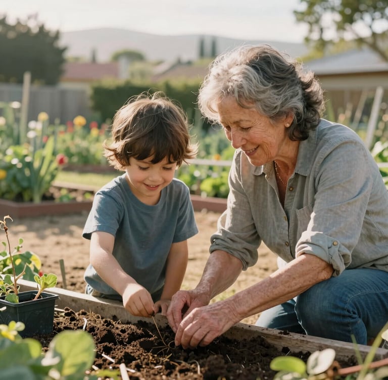 Warm morning light filling a California community garden, a grandmother and young child smiling as they plant seeds together, candid medium shot, natural tones
