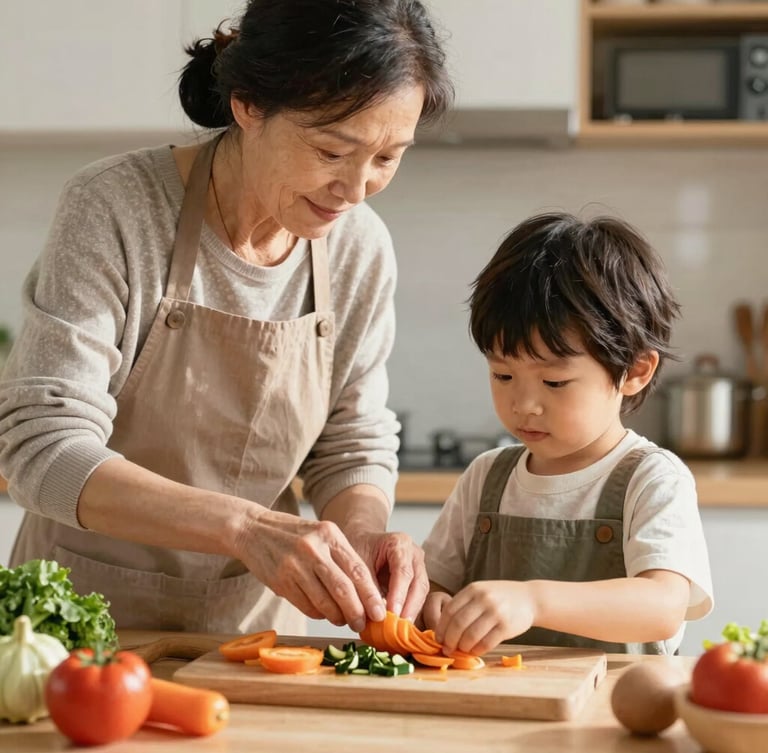 Candid medium shot of a grandmother and young child cooking together in a kitchen filled with soft morning light, hands preparing vegetables, warm and natural feel.