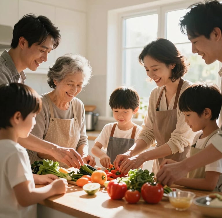 A warm, sun-drenched candid photo of a multi-generational family cooking together in a bright kitchen, soft morning light streaming through windows, laughter and shared hands preparing fresh vegetables.