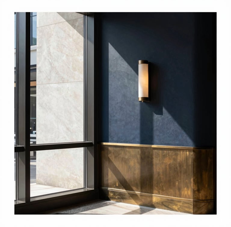 Editorial hotel interior photography with sharp window light, deep navy and warm brass tones, architectural 35mm composition showing a refined modern lobby corner