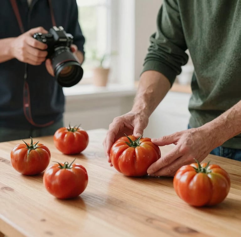 Candid medium shot of a photographer and a culinary stylist arranging fresh heirloom tomatoes on a light wooden table, soft natural Scandinavian daylight, 35mm