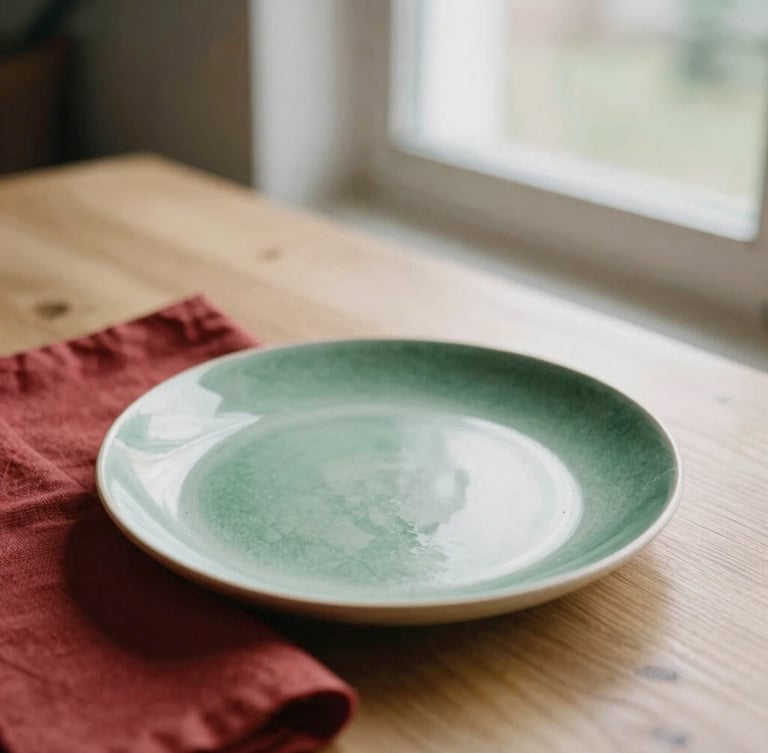 A minimalist plated dish on a light oak table, soft scandinavian daylight from a side window, subtle crimson linen napkin, shallow depth of field, warm editorial photography, 35mm
