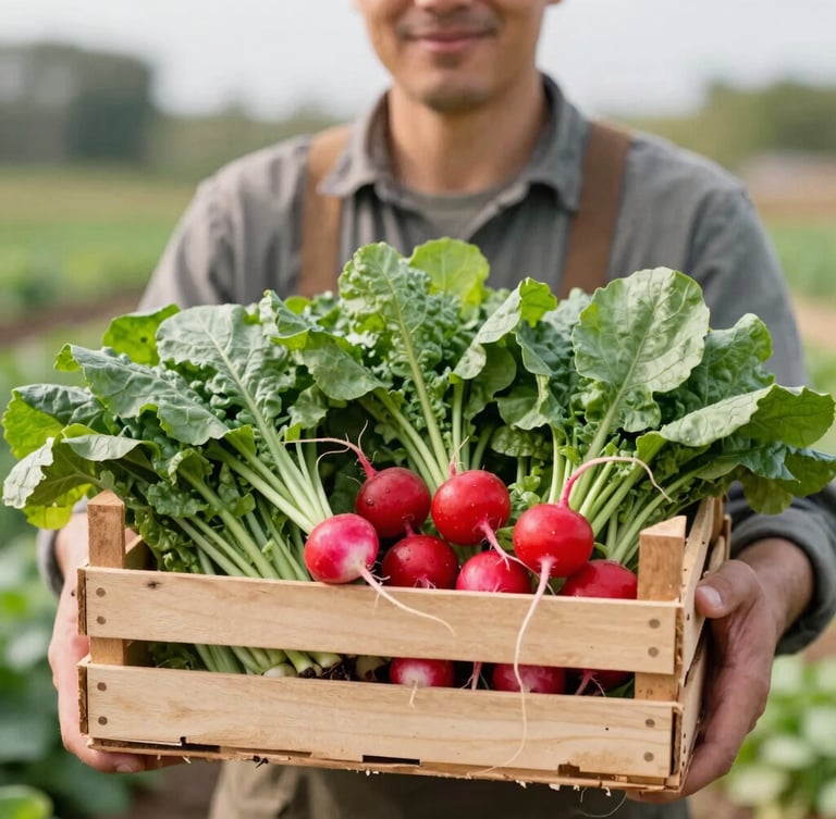 A local organic farmer smiling gently, holding a wooden crate full of fresh leafy greens and red radishes, soft natural scandinavian daylight, shallow depth of field, 35mm