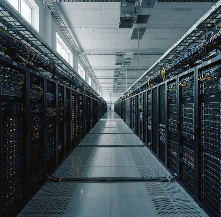 Wide panoramic shot of a high-performance computing cluster, server racks receding into the distance, cool clinical daylight, desaturated slate and amber tones, sharp architectural focus, 35mm