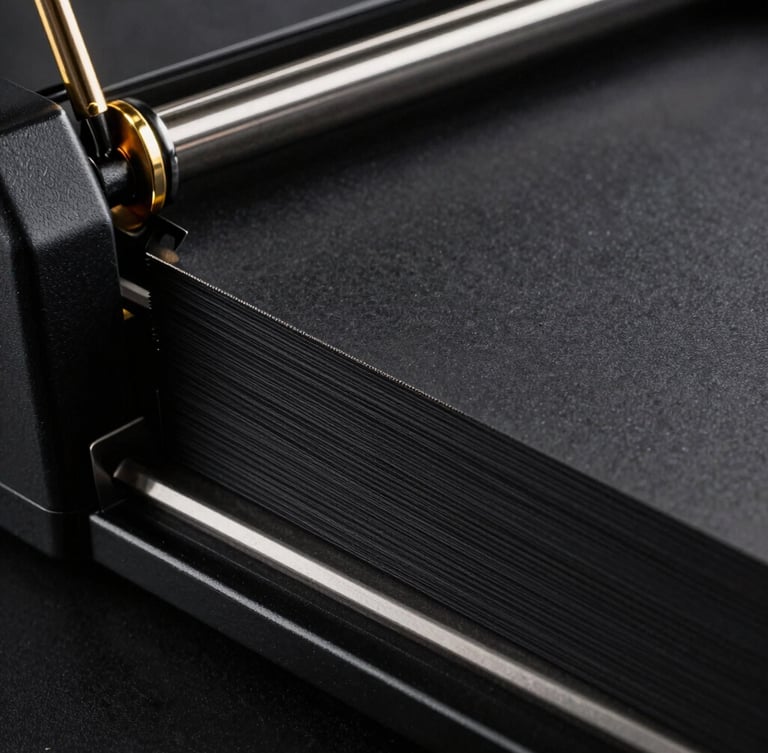 Macro close-up of a heavy-duty hydraulic paper cutter slicing cleanly through a thick stack of premium black cardstock, showcasing a perfect, razor-sharp edge under dramatic workshop lighting.