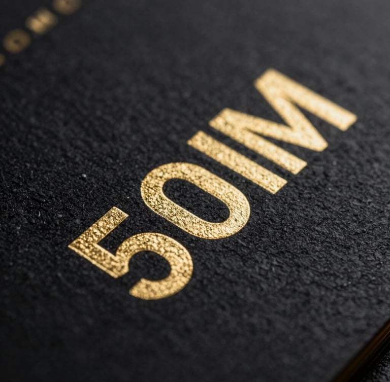 Extreme macro close-up of heavy-stock black business cards with crisp metallic gold embossed lettering, dramatic studio lighting, sharp focus, 50mm lens