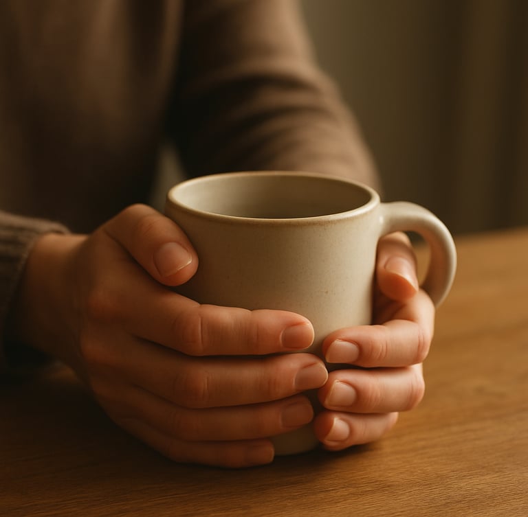 Medium close-up of hands holding a warm ceramic mug on a wooden table, soft morning light, shallow depth of field, 35mm