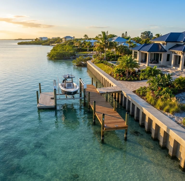Wide drone shot of a newly constructed seawall and dock along a calm Florida Gulf Coast shoreline at golden hour, showing clear water and resilient design, bright natural daylight.