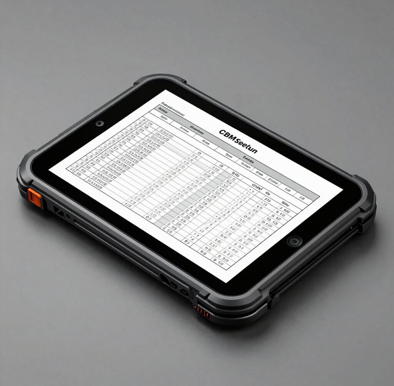 Isometric high-contrast schematic of a ruggedized warehouse tablet showing dense data tables and CBM calculations, neutral studio lighting, orthogonal view.