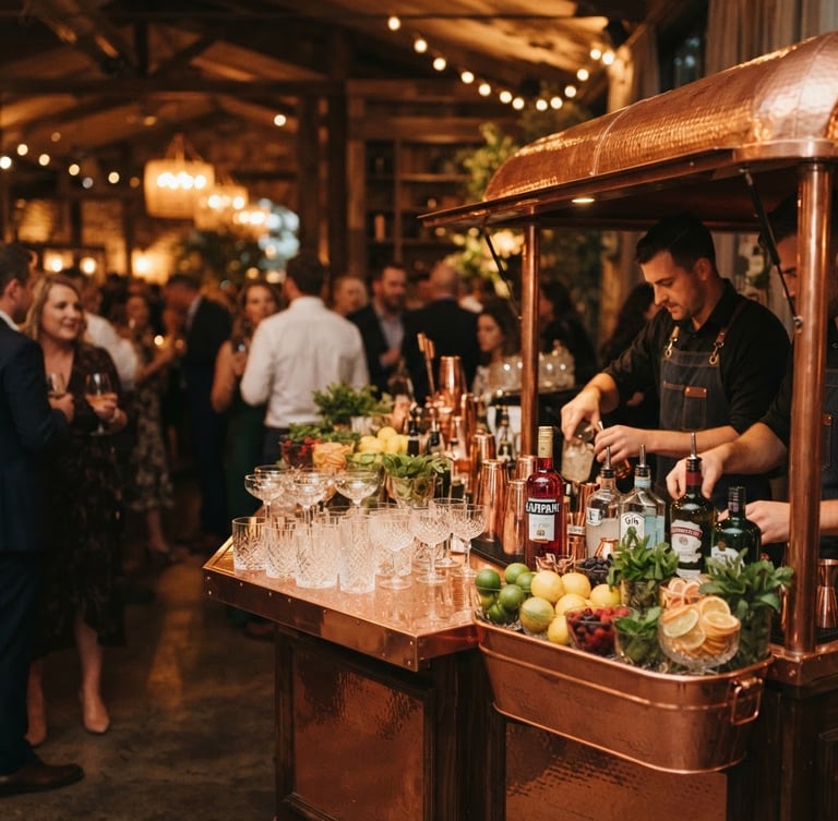 Wide shot of a polished copper mobile bar setup, adorned with crystal glassware and fresh garnishes, under warm editorial lighting. The bar is positioned to the right, with soft focus on the background. Shallow depth of field.