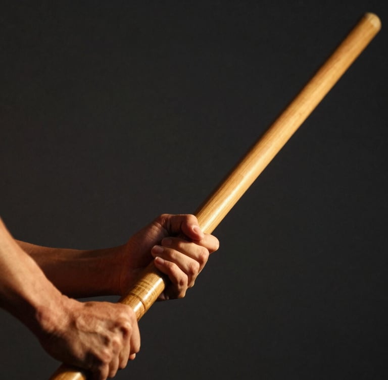 Dramatic athletic photography, low-key side lighting, close-up of hands gripping a wooden Bo staff, dark charcoal background, warm gold highlights, sharp focus