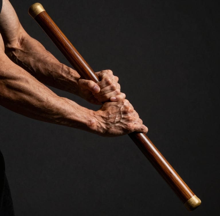 Tight action shot of hands gripping a dark wooden Bo staff, dramatic low-key side lighting highlighting muscle definition, warm golden reflections on the wood, dark charcoal background, sharp focus, 85mm lens