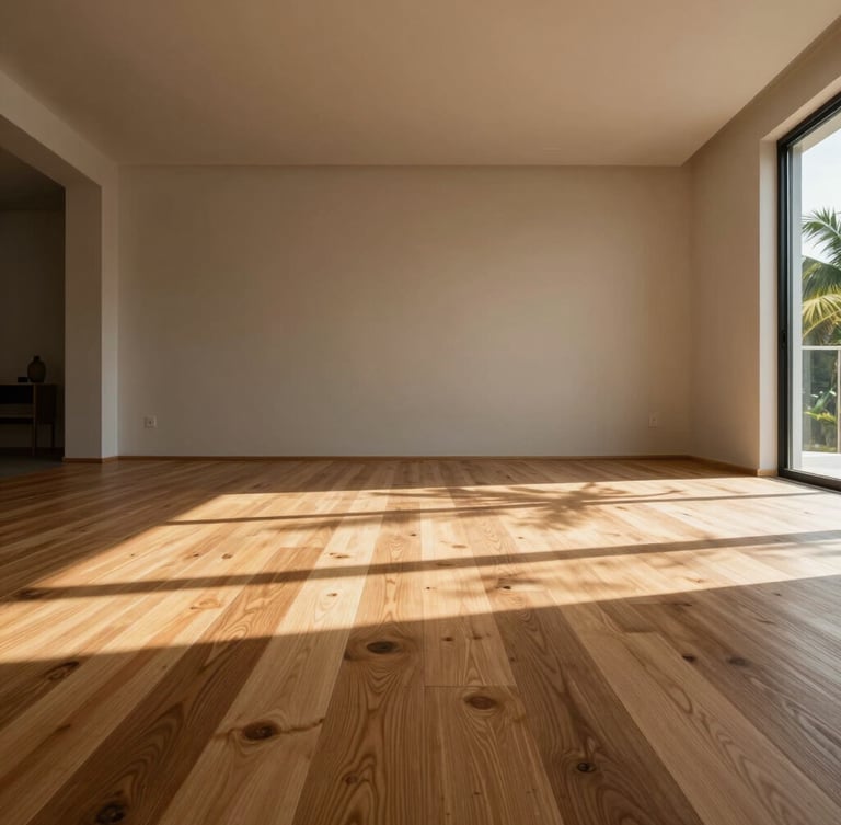 Low-angle architectural shot of a minimalist living room with high ceilings, tropical sunlight casting long shadows across a wide-plank oak SPC floor.
