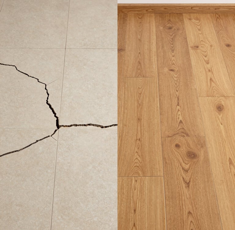 Split screen before and after shot: on the left, cracked old tiles; on the right, flawless warm oak SPC flooring with perfect skirting.