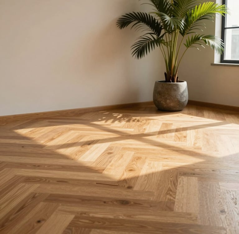 Low-angle architectural shot of a minimalist Malaysian living room, warm morning light casting soft shadows across a seamless herringbone oak floor, indoor tropical palm in a stone pot, editorial framing.
