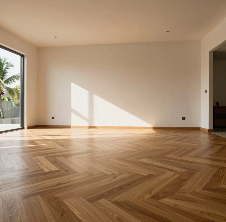 Low-angle architectural shot of a minimalist Malaysian living room, warm diffused tropical daylight streaming across a seamless herringbone SPC floor, soft shadows, high ceilings.