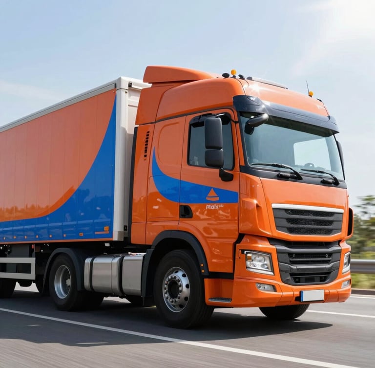 Dynamic low-angle shot of a modern freight truck cab in motion on a clean highway, bright high-contrast daylight with sharp sun flares, crisp details of vivid orange and electric blue fleet decals on the side, 35mm