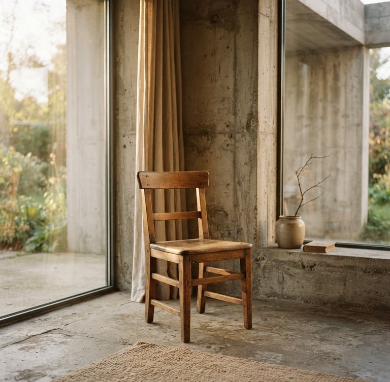 warm editorial photography, soft natural afternoon light, architectural interior with raw concrete walls, a single wooden chair, neutral earth tones, 35mm