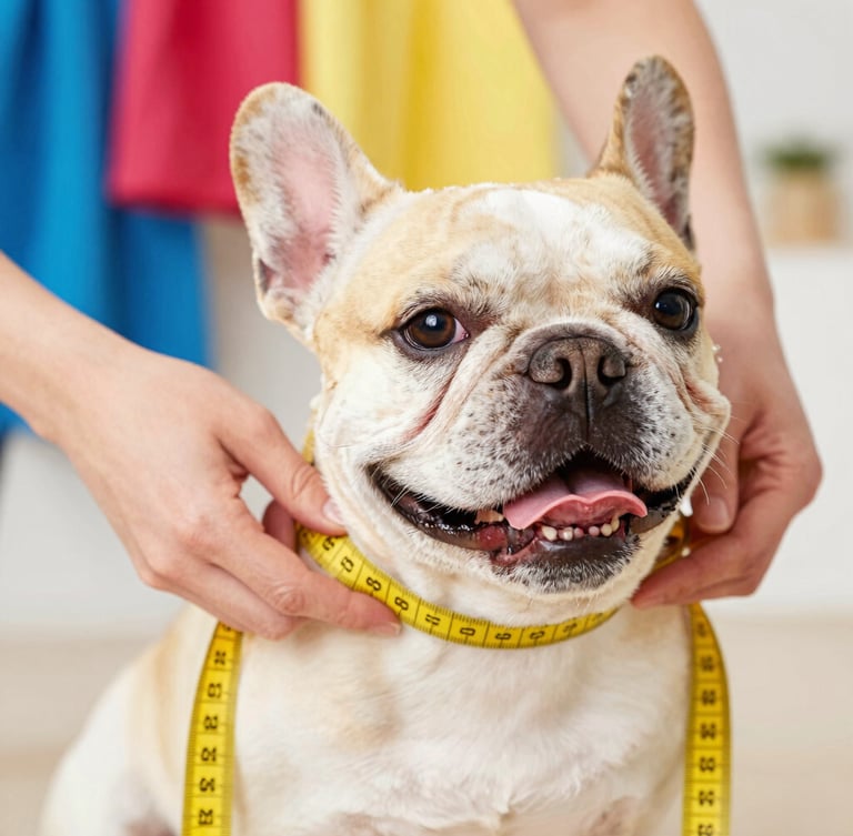 Close-up of a tailor gently wrapping a soft yellow measuring tape around a happy French Bulldog, bright natural light, colorful fabrics in the background, joyful atmosphere