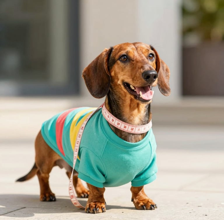 Bright commercial pet photography, a cheerful dachshund wearing a colorful custom-fit teal shirt, a soft measuring tape draped gently over its shoulders, warm natural daylight, crisp focus