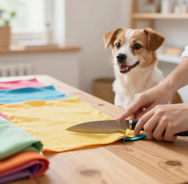 Close-up of hands cutting colorful fabrics on a wooden table in a bright, warm workshop, a happy small dog sitting nearby watching attentively, natural daylight, soft focus.