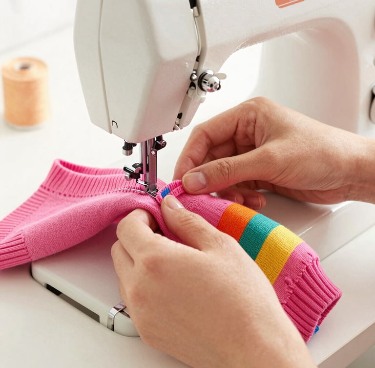 A warm, bright close-up of a tailor's hands carefully stitching a colorful pink pet sweater on a vintage sewing machine, soft focus, warm natural daylight.