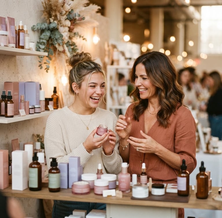 Madre e hija adolescente riendo juntas, explorando productos de belleza en un stand moderno, luz dorada natural, enfoque suave, tonos rosa y lavanda.