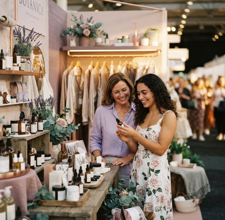 A bright, modern exhibition booth styled with sophisticated rose and lavender tones, elegant clothing racks, and independent beauty products, with a mother and daughter smiling as they browse, warm golden hour light, shallow depth of field, 35mm
