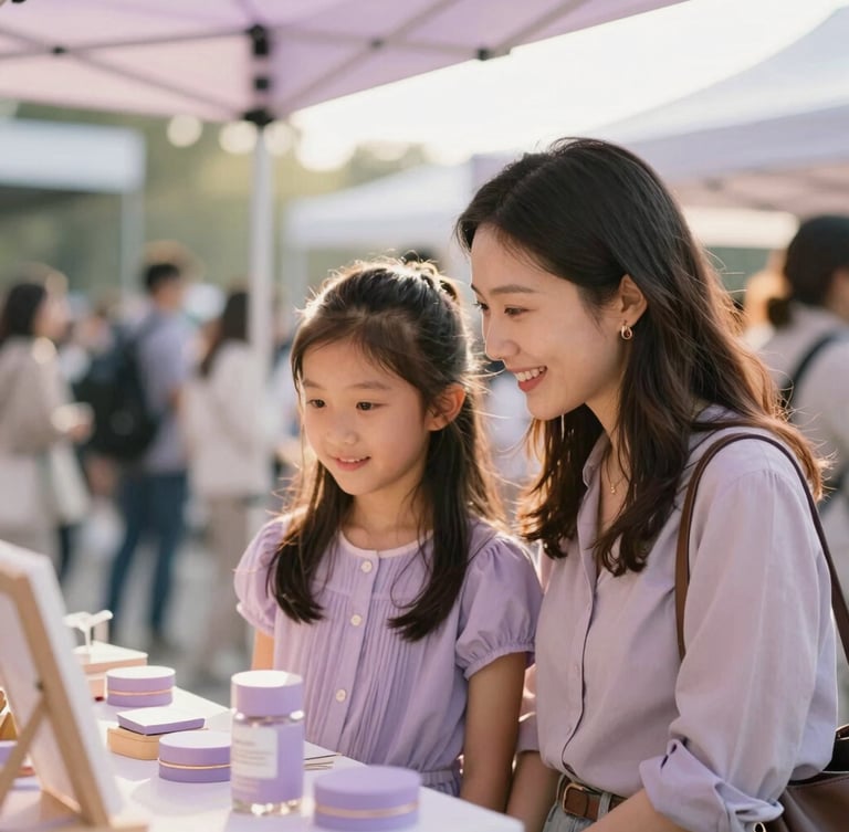 Candid shot of a mother and daughter smiling while looking at a display of artisanal products at an exhibition, soft golden hour light, sophisticated rose and lavender tones, shallow depth of field, 35mm, warm editorial photography, institutional feel.