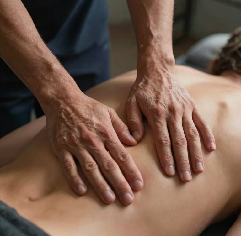Macro shot of physical therapist hands performing deep tissue myofascial release on a back, low key dramatic warm lighting, dark slate background.