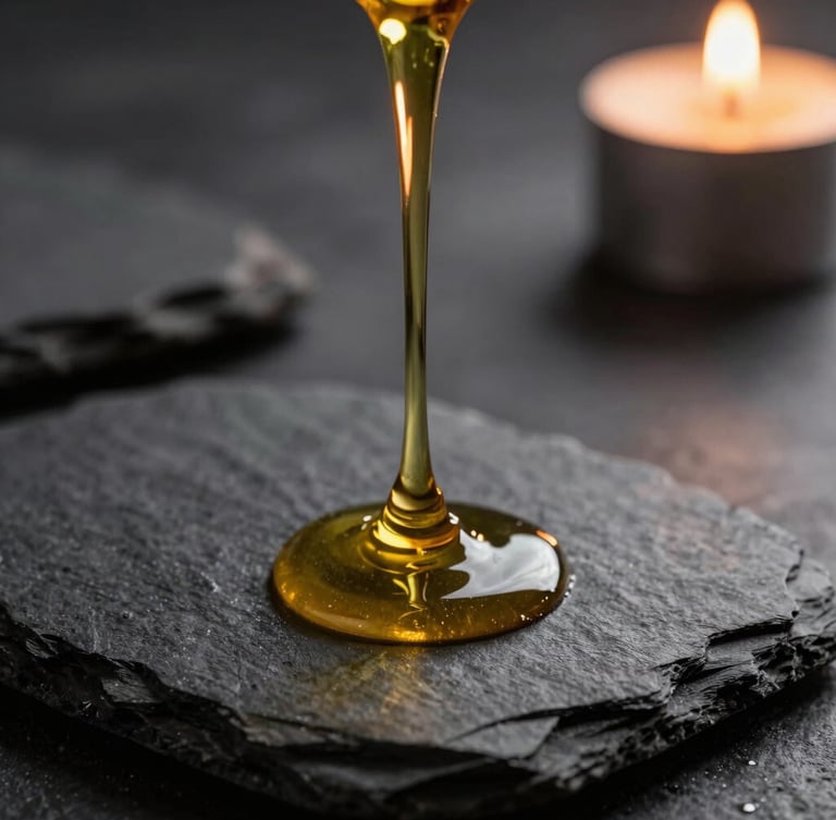 Macro shot of warm golden oil slowly dripping onto dark, textured slate stones, low-key dramatic lighting, candle glow in the background, soft focus, high-end editorial feel.