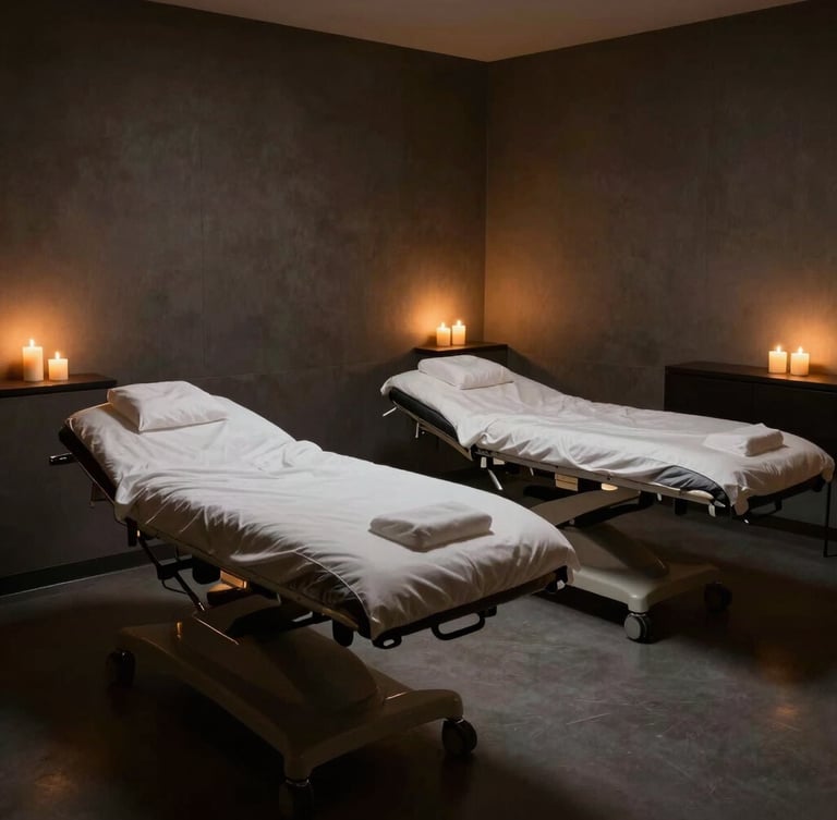 Wide atmospheric shot of the dimly lit, pristine treatment room with warm candle glow, dark slate textures, and absolute privacy.