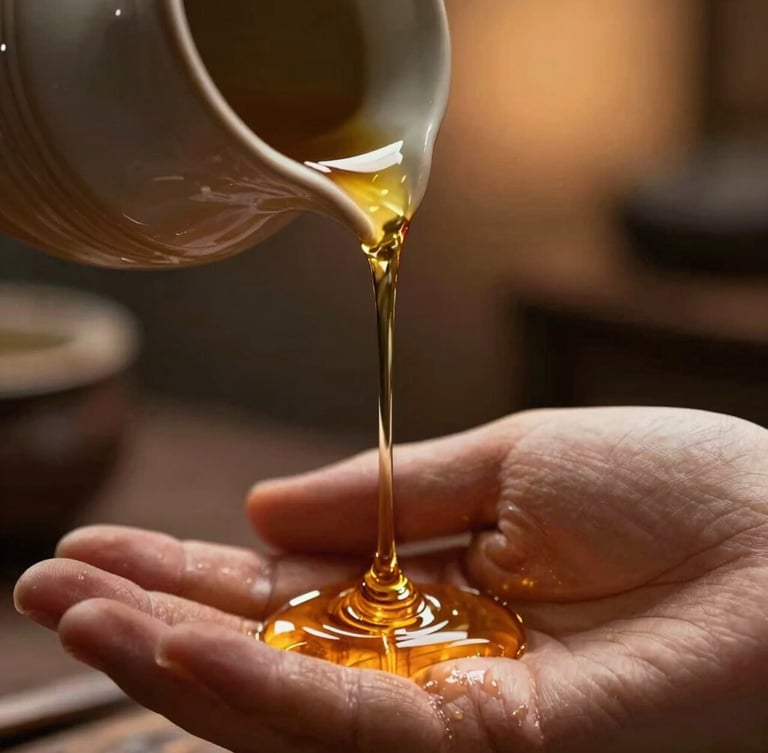 Macro close-up shot of warm oil slowly dripping from a ceramic vessel onto hands in motion, low-key lighting with soft amber backlighting, shallow depth of field.
