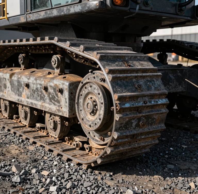 Dramatic close-up of heavy machinery steel treads on gravel, high-contrast morning light, industrial raw texture