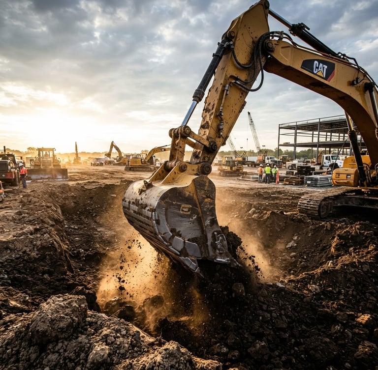 Low-angle dramatic environmental shot of a massive 40-ton excavator bucket slicing into dark earth on a dusty construction site, harsh early morning sunlight casting long shadows.