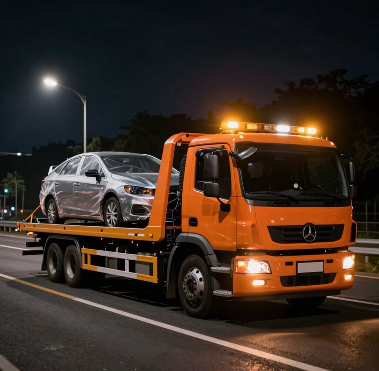 Wide shot of a modern orange flatbed tow truck operating at night, amber emergency lights flashing, illuminating a secured passenger car on a highway, dramatic street lighting, 35mm lens.