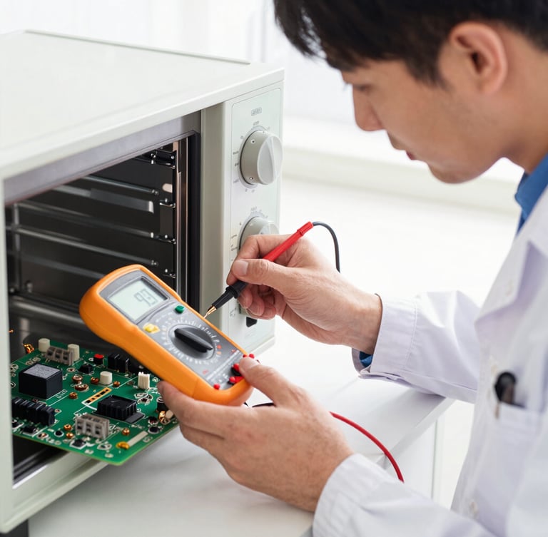 Macro shot of a technician in an immaculate uniform using a digital multimeter to test a luxury oven control board, bright natural light, crisp focus