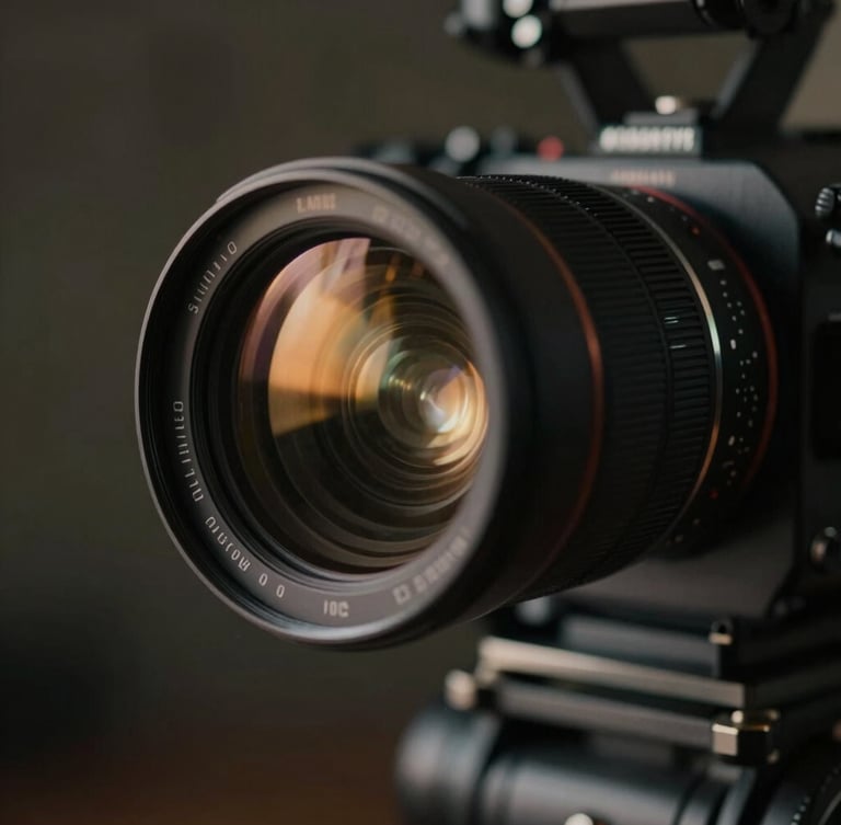 A close-up of an anamorphic camera lens on a heavy rig, shallow depth of field, warm set lights reflecting in the glass, cinematic 35mm photography