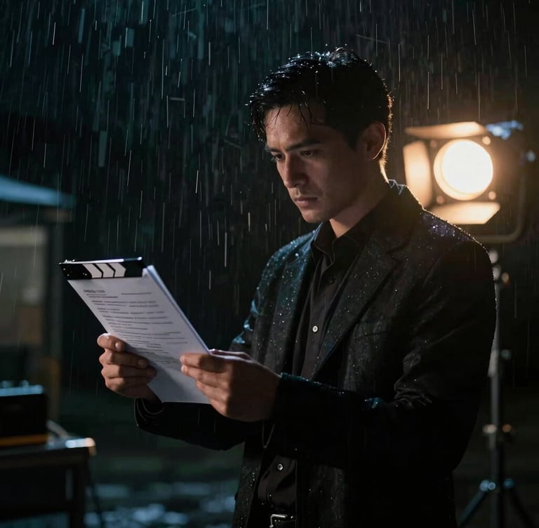Moody cinematic vertical portrait of a focused line producer holding a call sheet on a dark, rainy night set, illuminated by a single warm production light, anamorphic lens flare, 35mm.